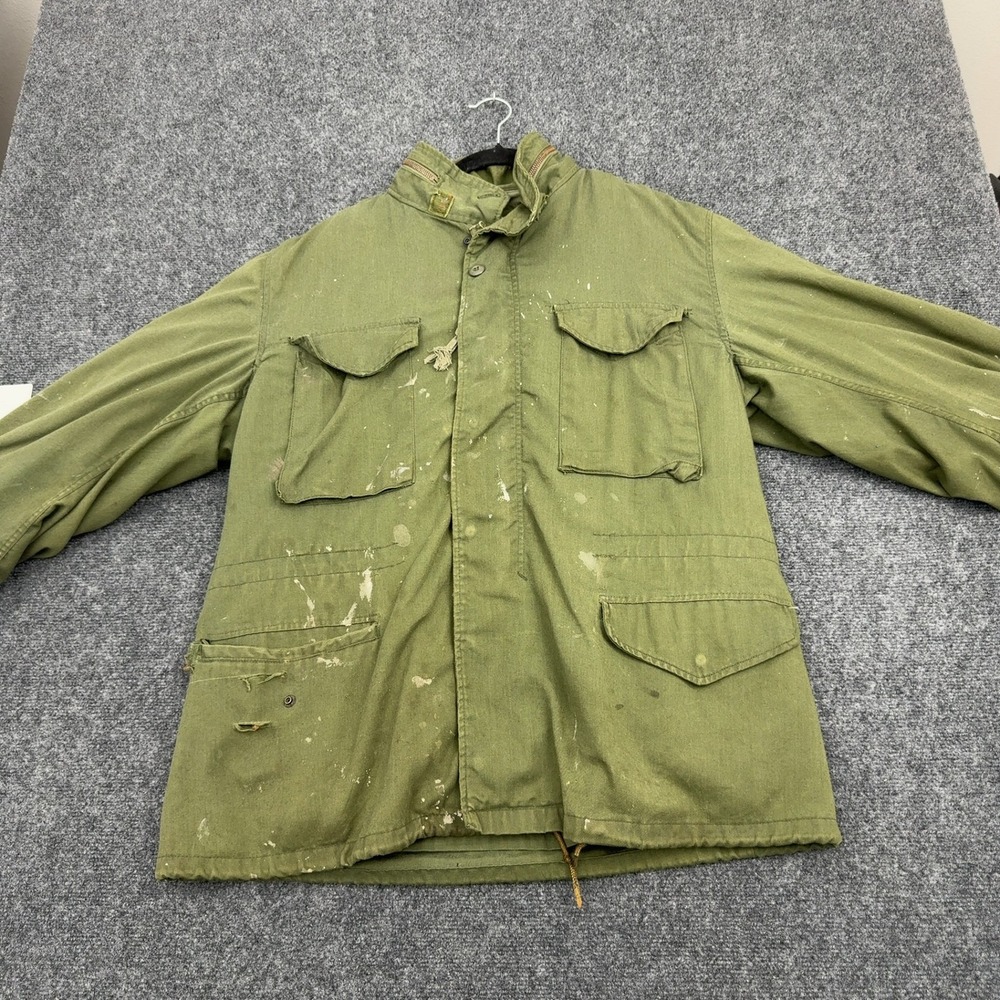 Vintage Military Field Jacket Mens 24x23 Green Cotton Paint Splatter Distressed